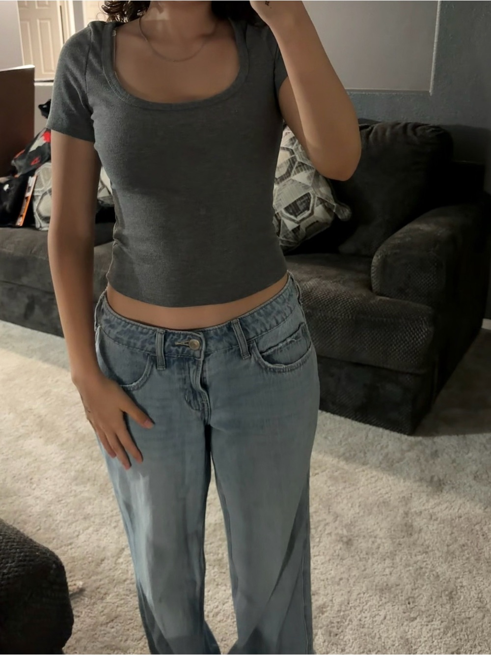 SHEIN Gray Scoop Neck Short Sleeve Ribbed Top